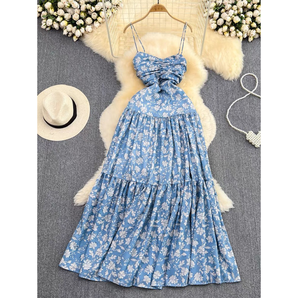 Đầm Maxi Hoa Hai Dây Thắt Nơ Lưng Cực Xinh Nàng Thơ Đi Biển, váy maxi hai dây thắt nơ lưng phong cách Pháp