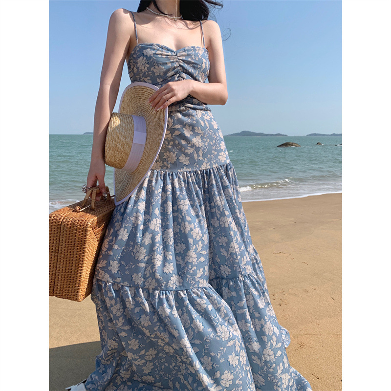 Đầm Maxi Hoa Hai Dây Thắt Nơ Lưng Cực Xinh Nàng Thơ Đi Biển, váy maxi hai dây thắt nơ lưng phong cách Pháp