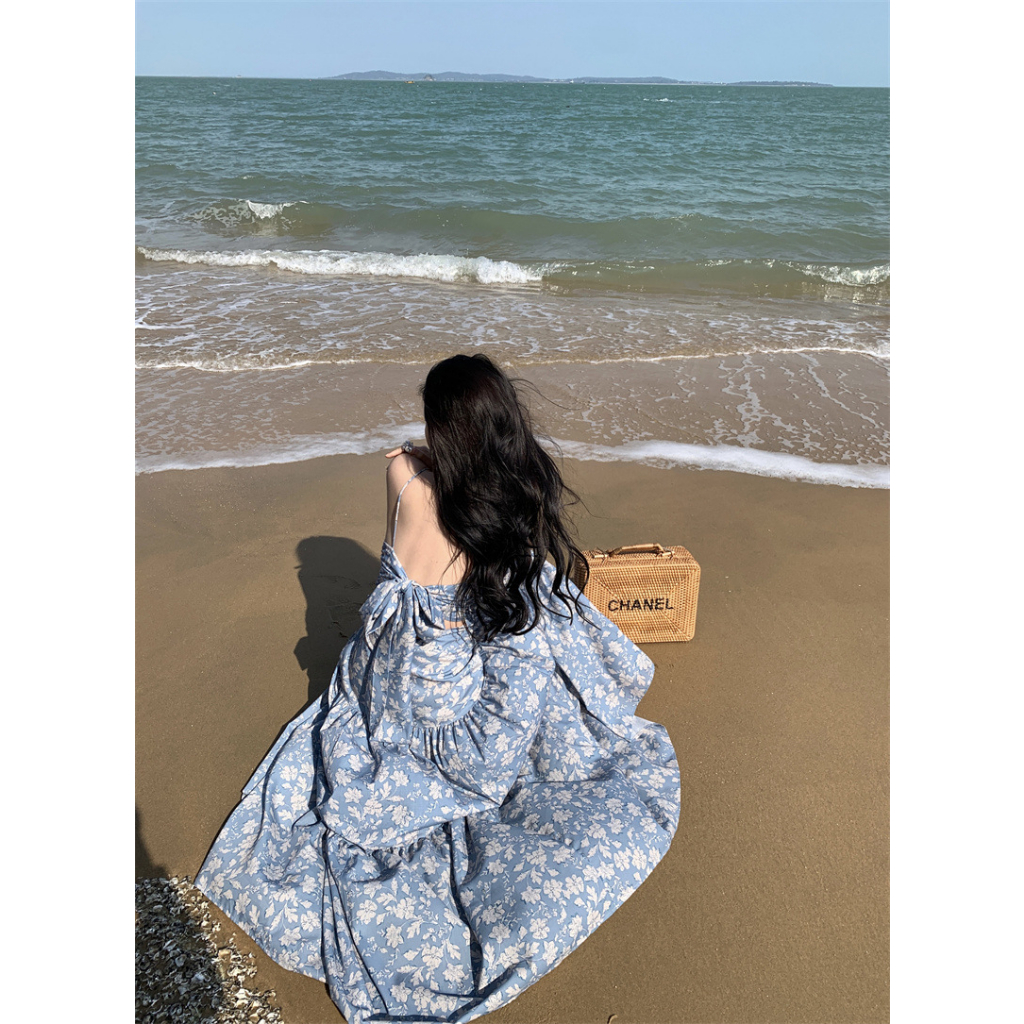 Đầm Maxi Hoa Hai Dây Thắt Nơ Lưng Cực Xinh Nàng Thơ Đi Biển, váy maxi hai dây thắt nơ lưng phong cách Pháp