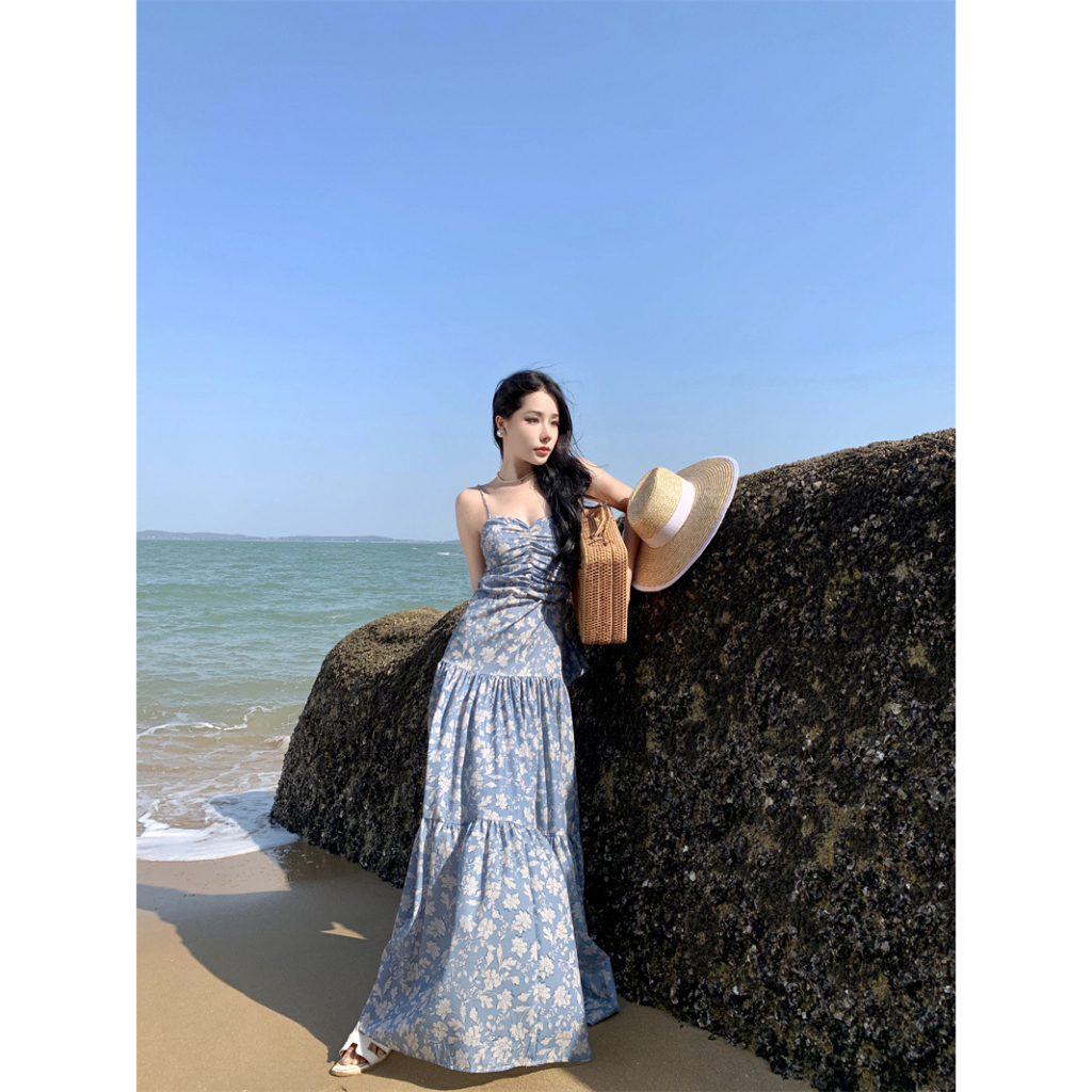 Đầm Maxi Hoa Hai Dây Thắt Nơ Lưng Cực Xinh Nàng Thơ Đi Biển, váy maxi hai dây thắt nơ lưng phong cách Pháp