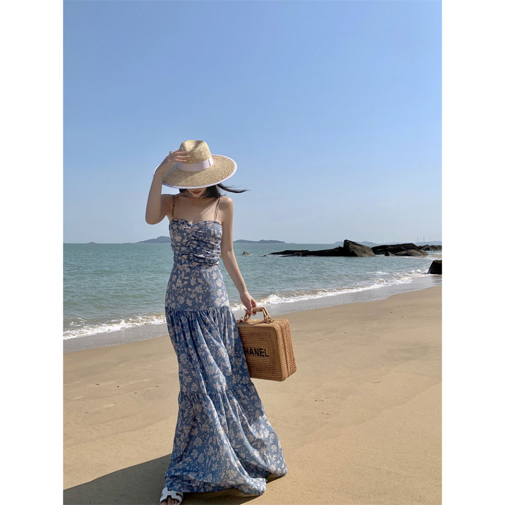 Đầm Maxi Hoa Hai Dây Thắt Nơ Lưng Cực Xinh Nàng Thơ Đi Biển, váy maxi hai dây thắt nơ lưng phong cách Pháp