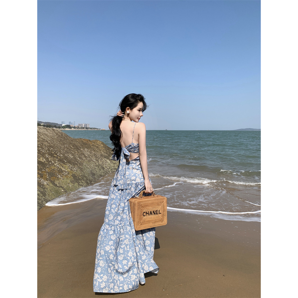 Đầm Maxi Hoa Hai Dây Thắt Nơ Lưng Cực Xinh Nàng Thơ Đi Biển, váy maxi hai dây thắt nơ lưng phong cách Pháp