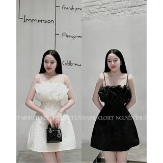 Đầm thời trang nữ sang chảnh dự tiệc chất gấm cổ dây không tay phối hoa ngực bo eo dáng váy xoè mini trẻ trung