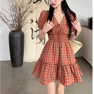 Váy/Đầm Sọc Caro Cổ Chữ V Thắt Nơ Ôm Eo Ngọt Ngào Dáng Chữ A Phong Cách Tiểu Thư - Sốp Nhỏ