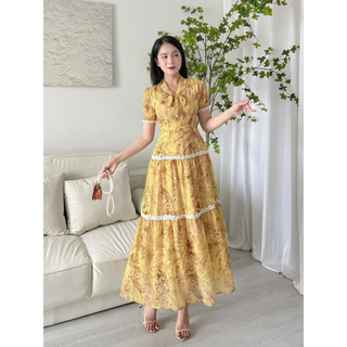 Đầm tiểu thư phối ren dáng dài maxi dạo biển thời trang