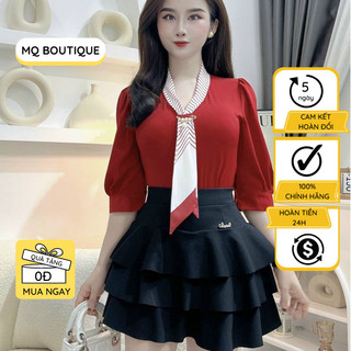Áo lụa tay lỡ nữ cao cấp công sở cổ phối nơ đính tag đá nhiều màu thanh lịch, áo sơ mi thiết kế MQ Boutique