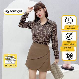Áo sơ mi nữ lụa dài tay cao cấp công sở họa tiết chữ nhỏ ô nền nâu cao cấp, áo sơ mi họa tiết thiết kế MQ Boutique