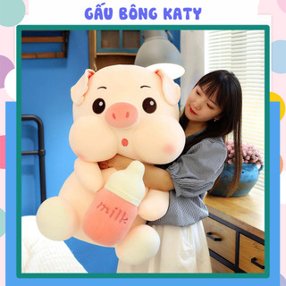 Gấu bông heo ôm bình sữa đáng yêu 80cm/60cm, Thú nhồi bông heo chất liệu 100% bông gòn vải nhung siêu mềm mịn