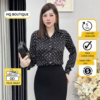 Áo lụa sơ mi dài tay nữ cao cấp công sở họa chữ nhỏ l.v vuông nền đen trắng, áo sơ mi họa tiết thiết kế MQ Boutique
