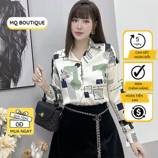Áo sơ mi dài tay lụa nữ cao cấp công sở họa tiết ô xanh đen hoa thanh lịch, áo sơ mi họa tiết thiết kế MQ Boutique