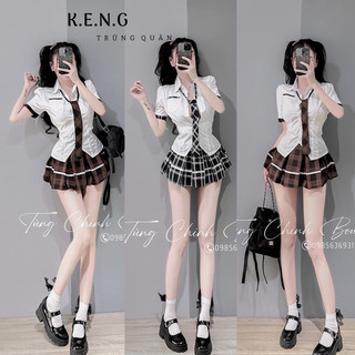 Set váy học sinh chân váy kẻ áo sơmi kèm cà vạt siêu xinh