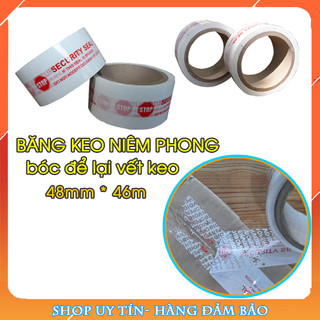 Băng keo niêm phong 48mm x 46m, lưu lại vết keo khi bóc, niêm phong thùng giấy carton, túi, bao hàng, bì thư