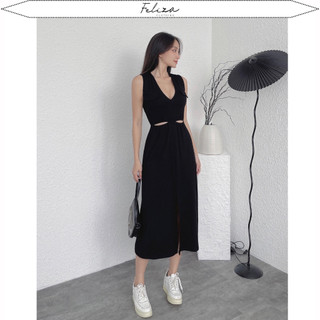 Đầm thun nữ cổ V sát nách form suôn nhẹ chất thun lụa mềm co giãn tốt-Feliza clothing