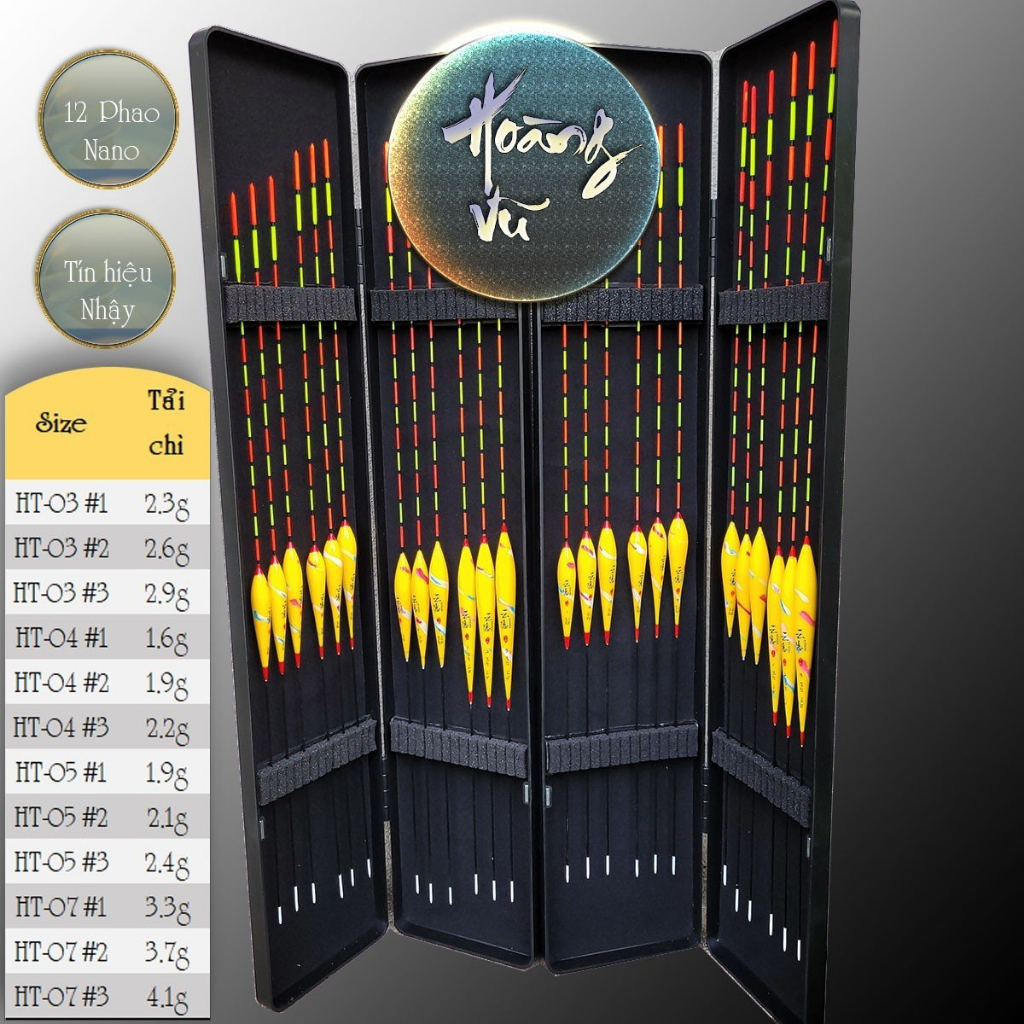 Hộp phao câu đài Nano Hoàng vũ 12 phao đầy đủ thông số, nhạy cá tín hiệu chuẩn HP10 docaualam