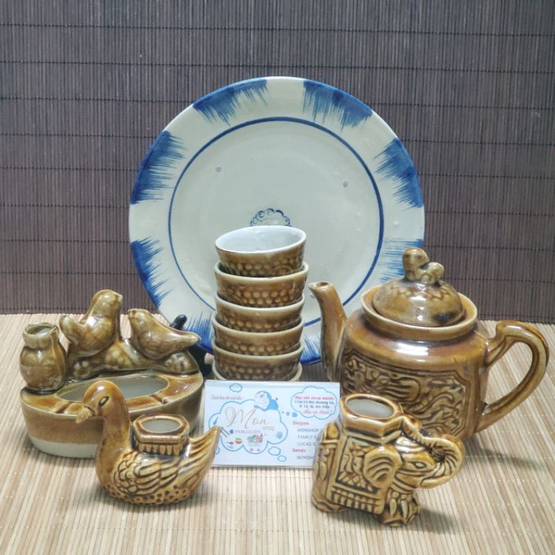 Bộ Ấm Trà Gốm Xưa Vàng Nâu Nhiều Món (như hình)