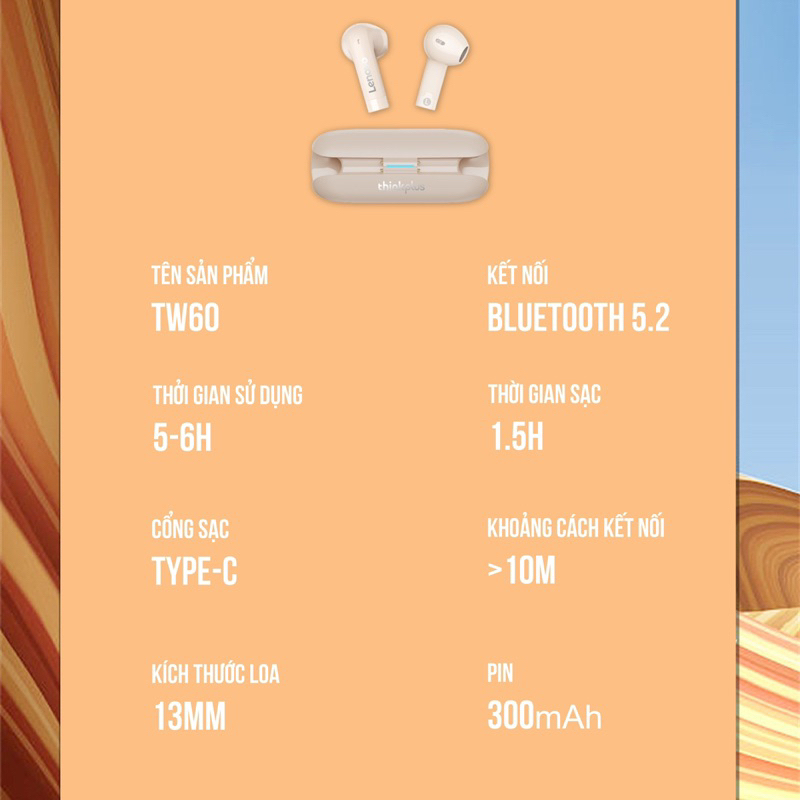 Tai nghe Bluetooth Lenovo TW60,tai nghe không dây ,công nghệ chống nước IPX5 đỉnh cao