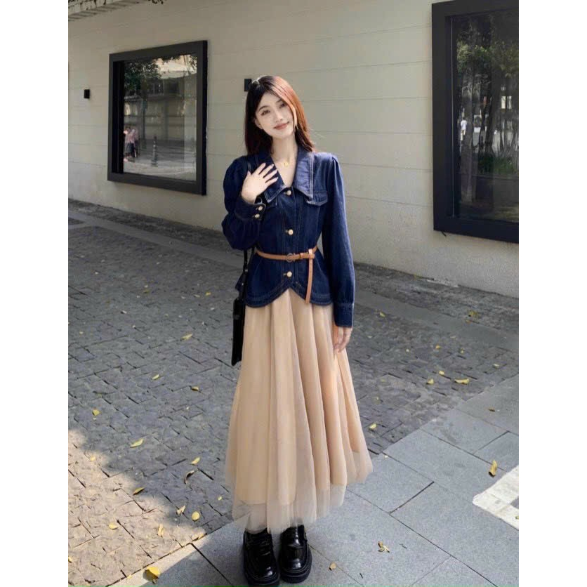 Set áo jeans mix chân váy voan dài