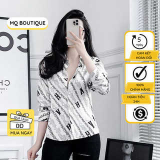 Áo sơ mi nữ lụa dài tay cao cấp công sở họa tiết dây xích nền trắng, áo sơ mi họa tiết thiết kế MQ Boutique