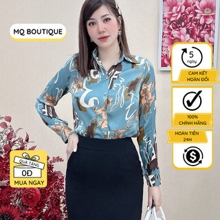 Áo lụa sơ mi họa tiết nữ dài tay cao cấp công sở vệt loang  be nâu nền xanh lơ , áo sơ mi họa tiết thiết kế MQ Boutique