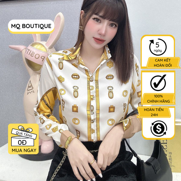 Áo lụa sơ mi nữ dài tay cao cấp công sở họa tiết phụ kiện nhỏ vàng nâu nền be, áo sơ mi họa tiết thiết kế MQ Boutique