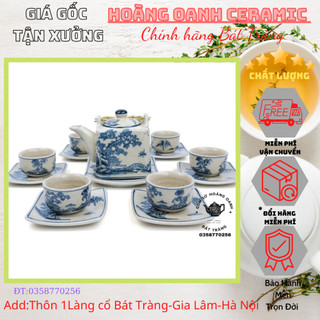 Ấm chén men rạn cổ Bát Tràng-bộ vẽ Cổ Tự dưới gốc cây Tùng,dáng ấm Vuông
