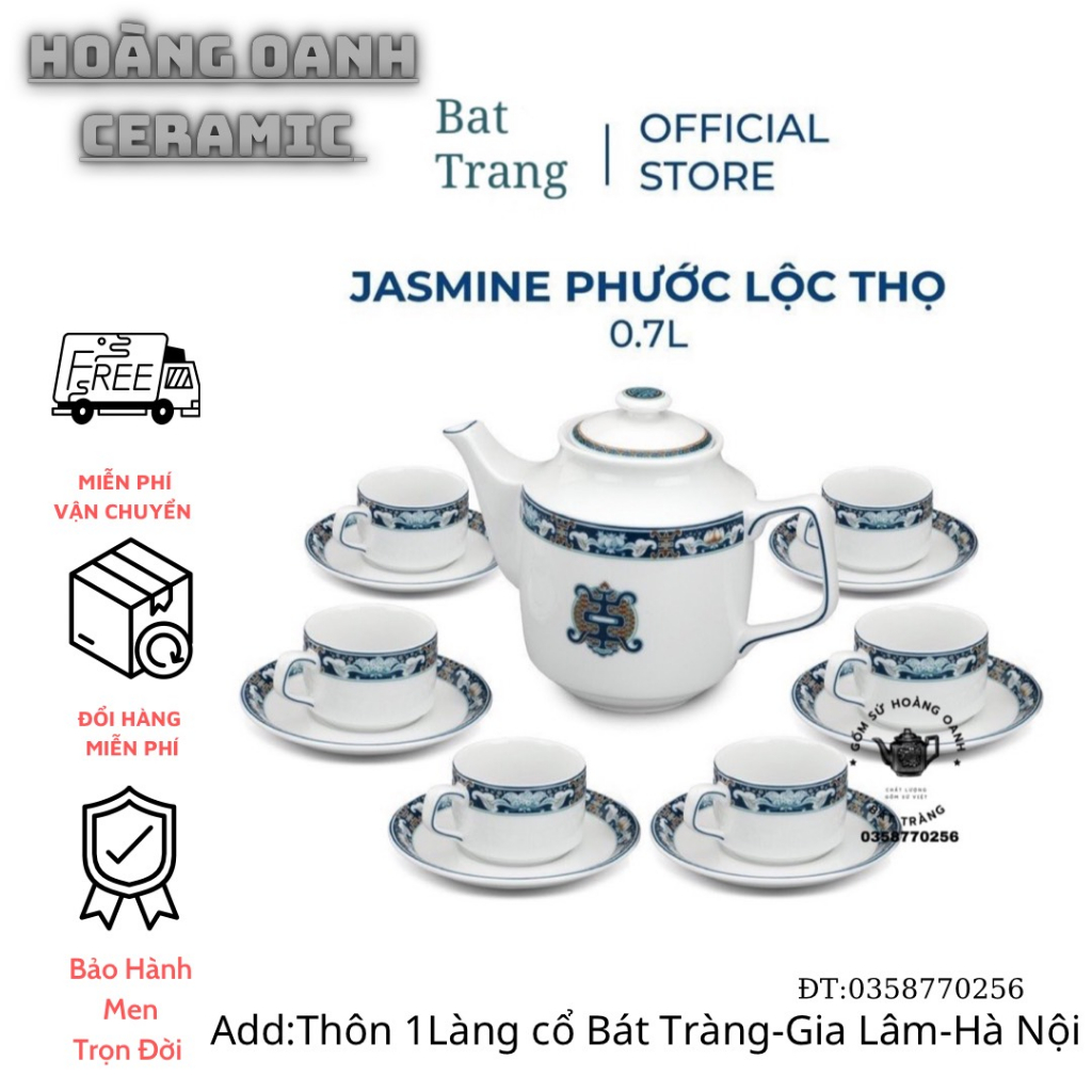 (CHỌN MẪU)Ấm chén pha trà Bát Tràng-bộ Jasimine Phúc Lộc Thọ,Vinh Quy Bái Tổ-men trắng