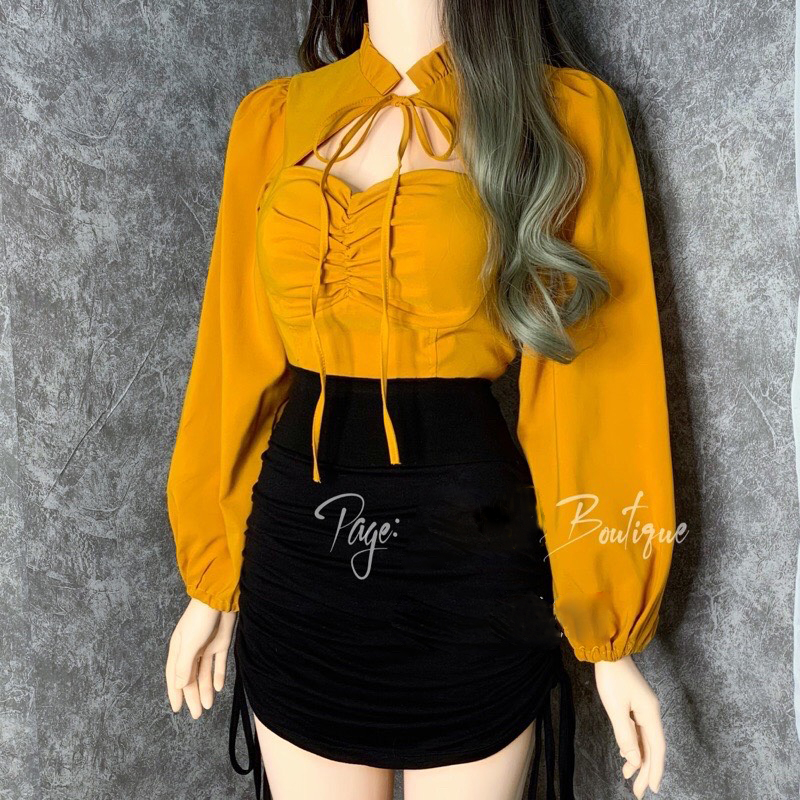 Áo Kiểu Croptop Thiêt Kế Tay dài Phồng Tiểu Thư Sang Chảnh Tôn Dáng