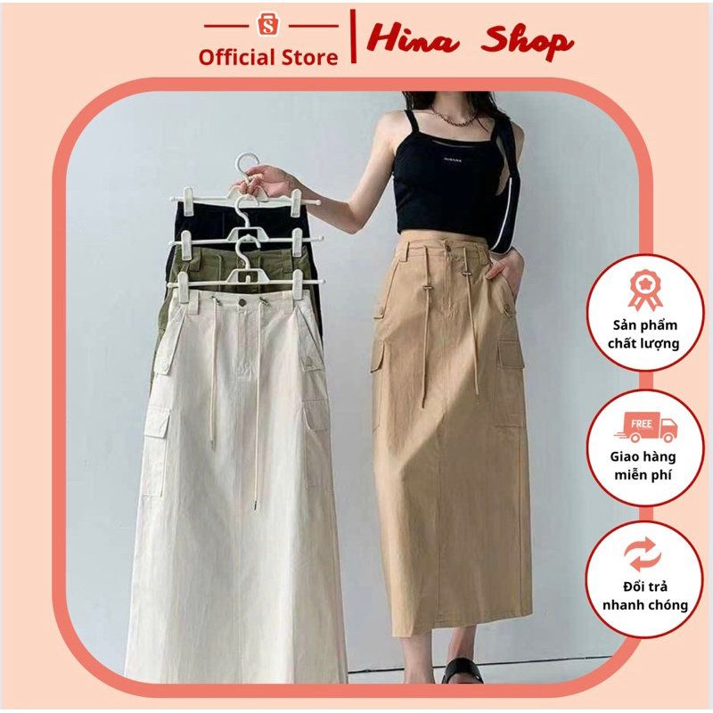 Chân váy Kaki dáng dài midi dây rút phong cách Vintage