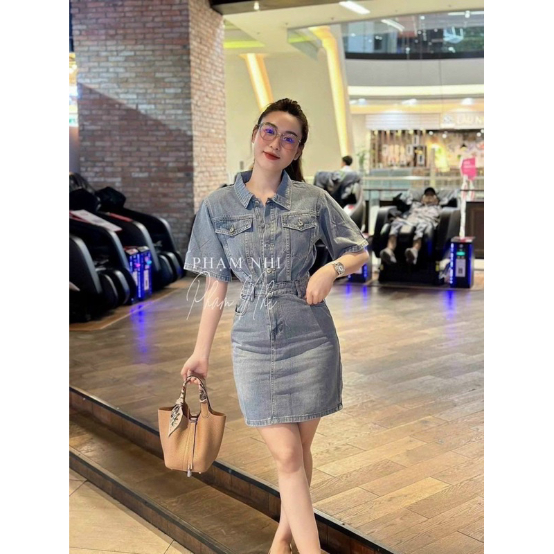 Đầm jean ôm cổ sơ mi liền thân váy - Free size
