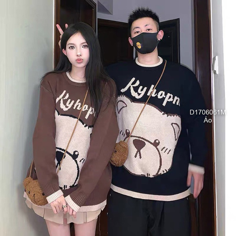 Áo len form rộng tay dài ngực phối hình gấu sang trọng VIENS STORE
