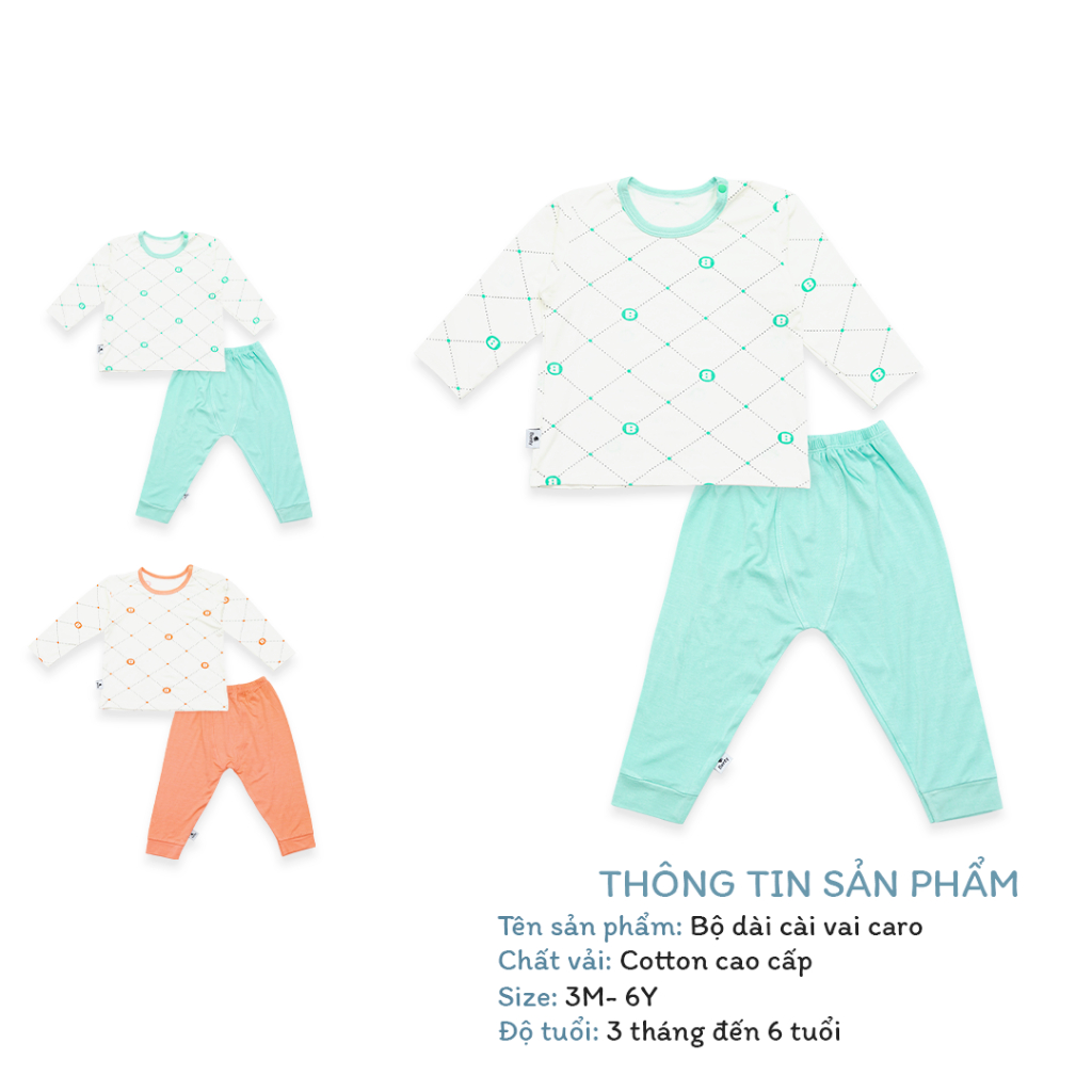 Bộ dài tay cài vai caro BENTY cotton mềm, mịn cao cấp, đồ bộ cho bé trai, bé gái