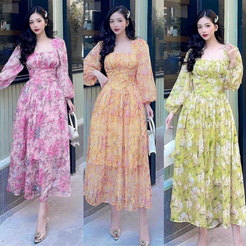 Đầm xoè cổ vuông tay dài voan hoa đi biển siêu xinh - Free size