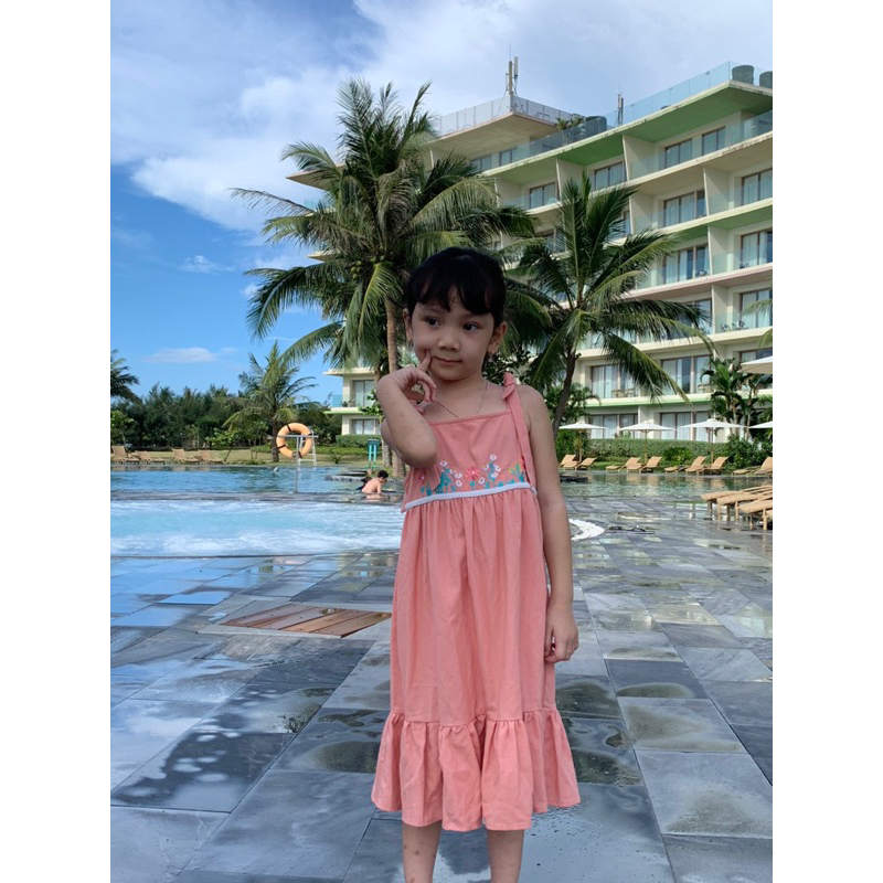 Váy hai dây nơ vai bé gái ILABY cutout lưng chất liệu thun cotton thoáng mát 2-10 tuổi
