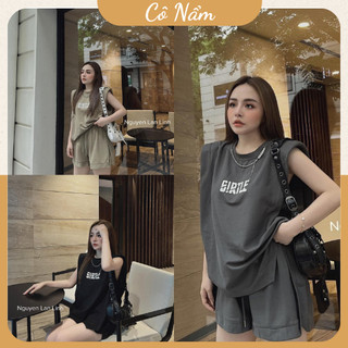 Set bộ đùi nữ áo phông tay hến có đệm vai in girle mix quần sooc đùi ống rộng freesize