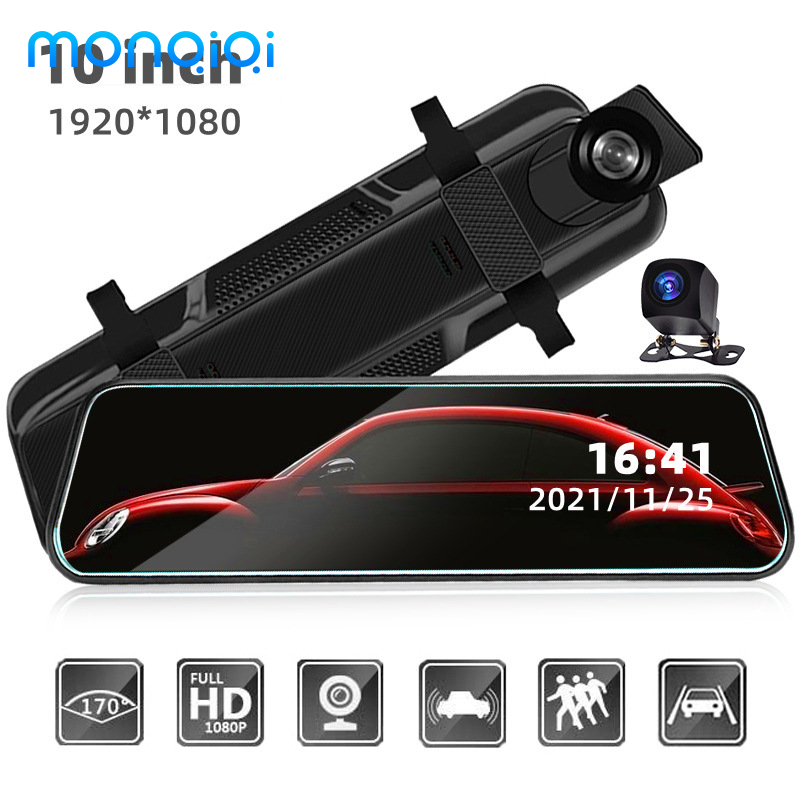 MONQIQI Camera hành trình ô tô dạng gương chiếu hậu màn cảm ứng 10inch  trong 24 giờ HD 1080P đảo ngược hình ảnh