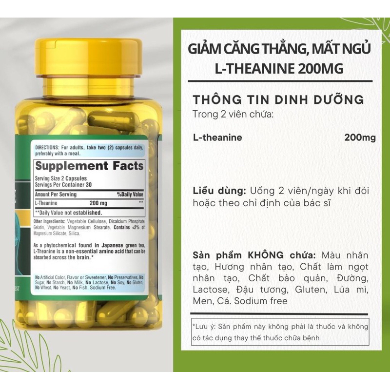 [Date 8/26] Viên uống giảm căng thẳng, bổ não, mất ngủ L-Theanine 200mg Puritan's Pride