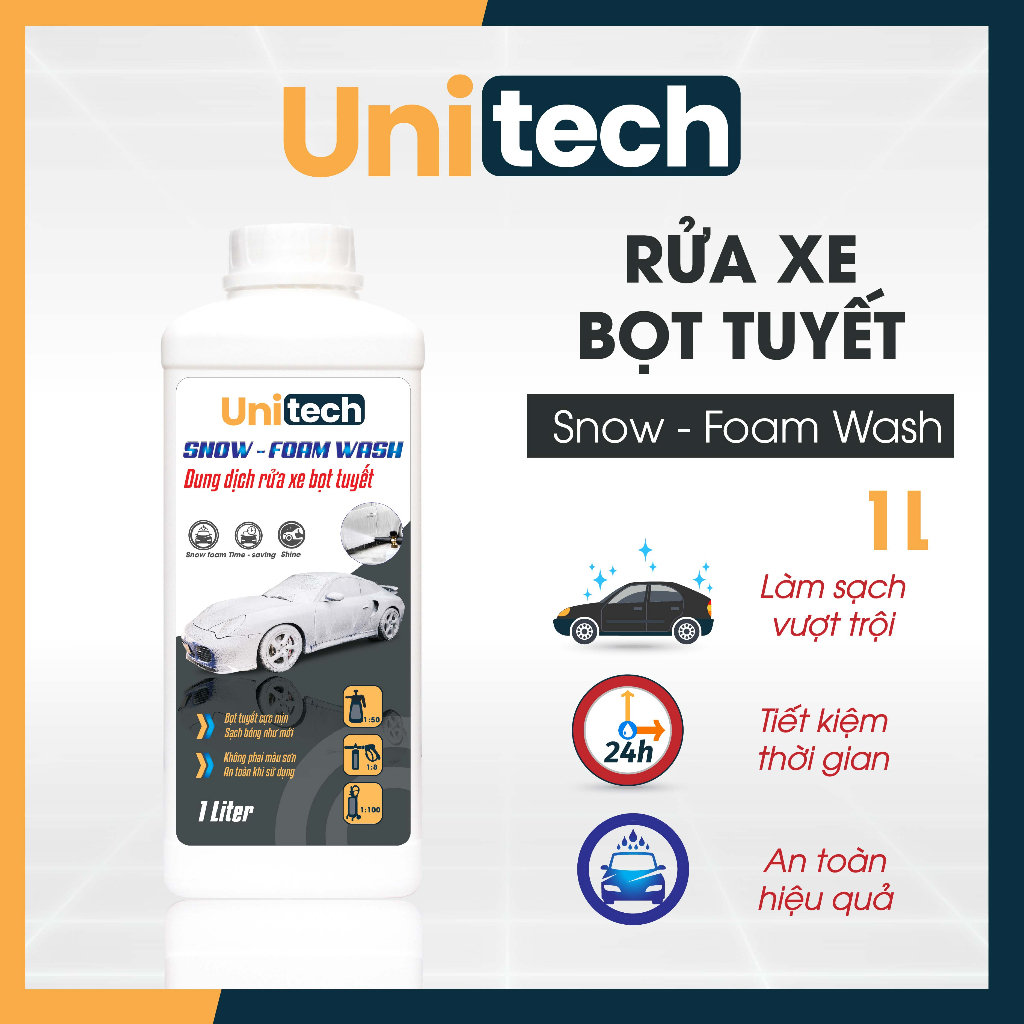 Nước rửa xe bọt tuyết Unitech đậm đặc (1 lít) | Siêu sạch - bảo vệ sơn xe và ốc không bị ố màu