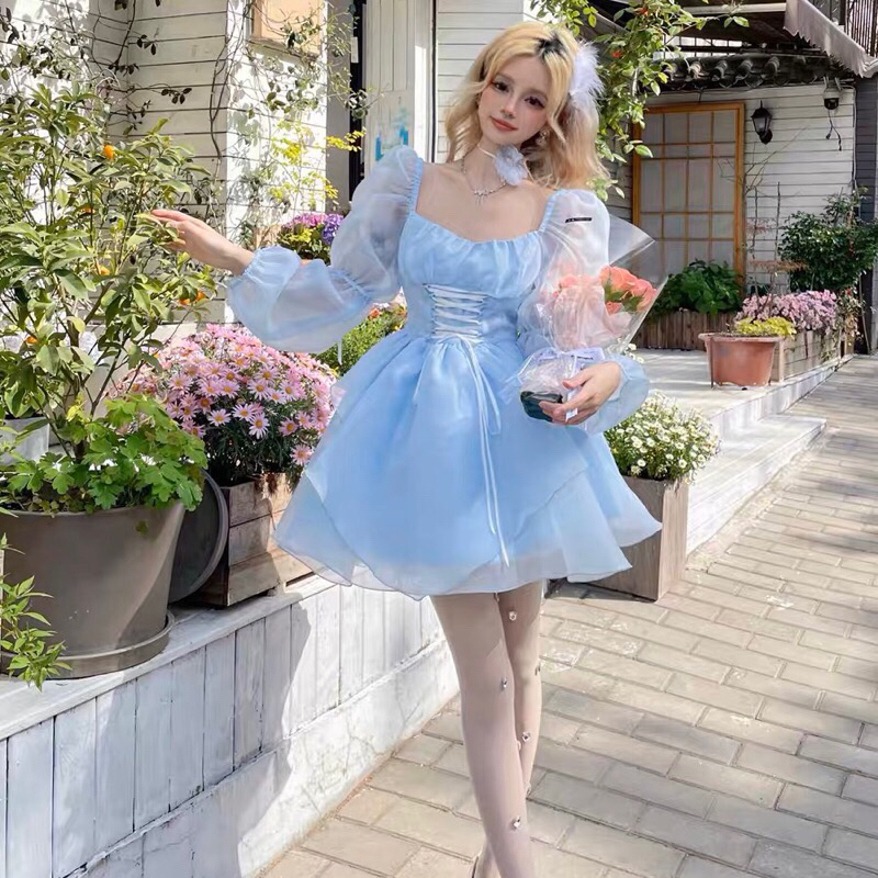 Đầm Tay Phồng Rút Dây Eo Chất Liệu Organza Cao Cấp Hàng Thiết Kế