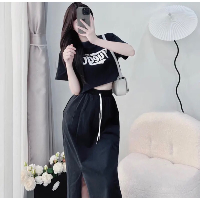 Set áo croptop kèm chân vay xẻ tà dây rút sẵn 3 màu