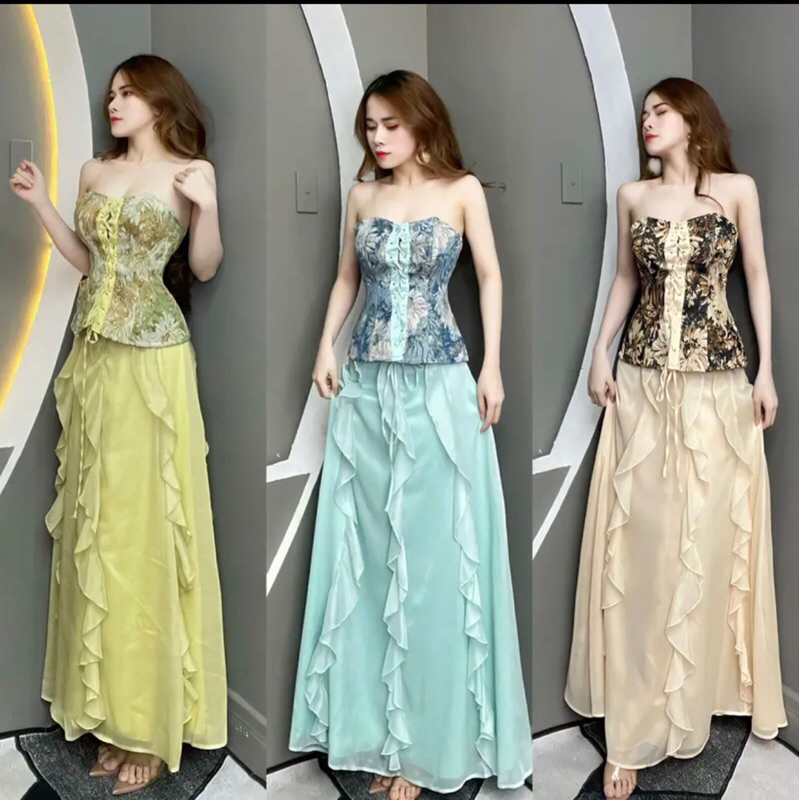 Set áo cúp ngực dây rút phối chân váy tua rua dáng dài