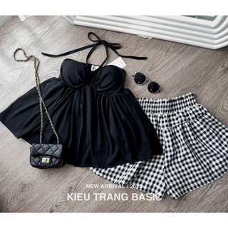 Set Áo Yếm Quần Sooc Kẻ Kiều Trang Basic