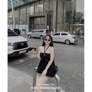 Set Áo Yếm Quần Sooc Kẻ Kiều Trang Basic