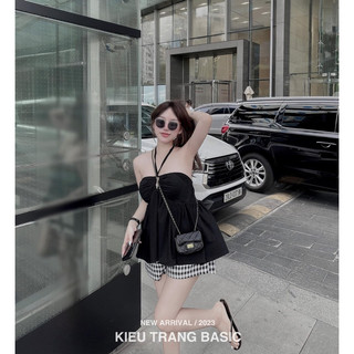 Set Áo Yếm Quần Sooc Kẻ Kiều Trang Basic
