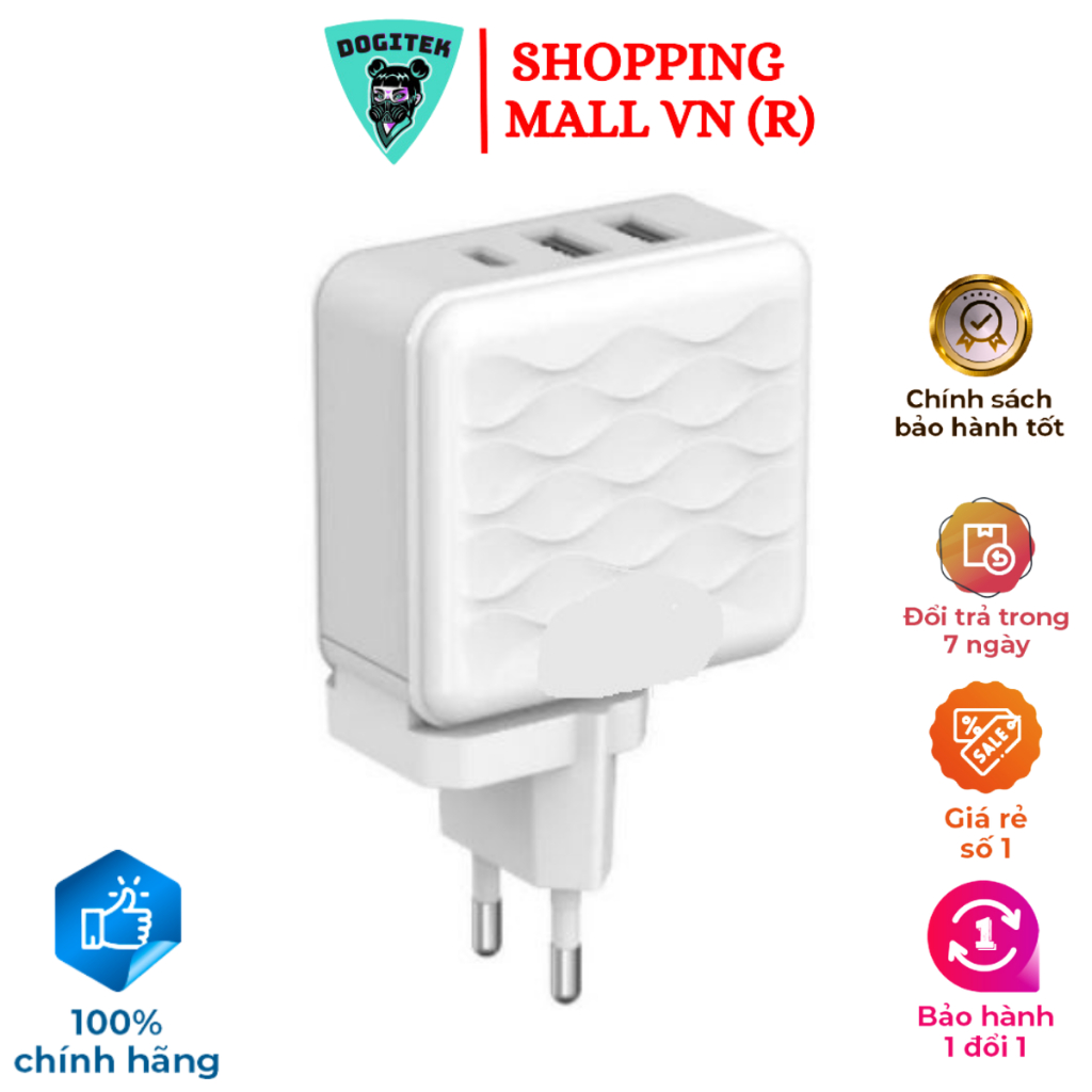 Củ sạc nhanh 3.4A 2 cổng USB và 1 Type C EU-23 , sạc đồng thời 3 thiết bị, công suất lên đến 18W, chống va đập, chống ch