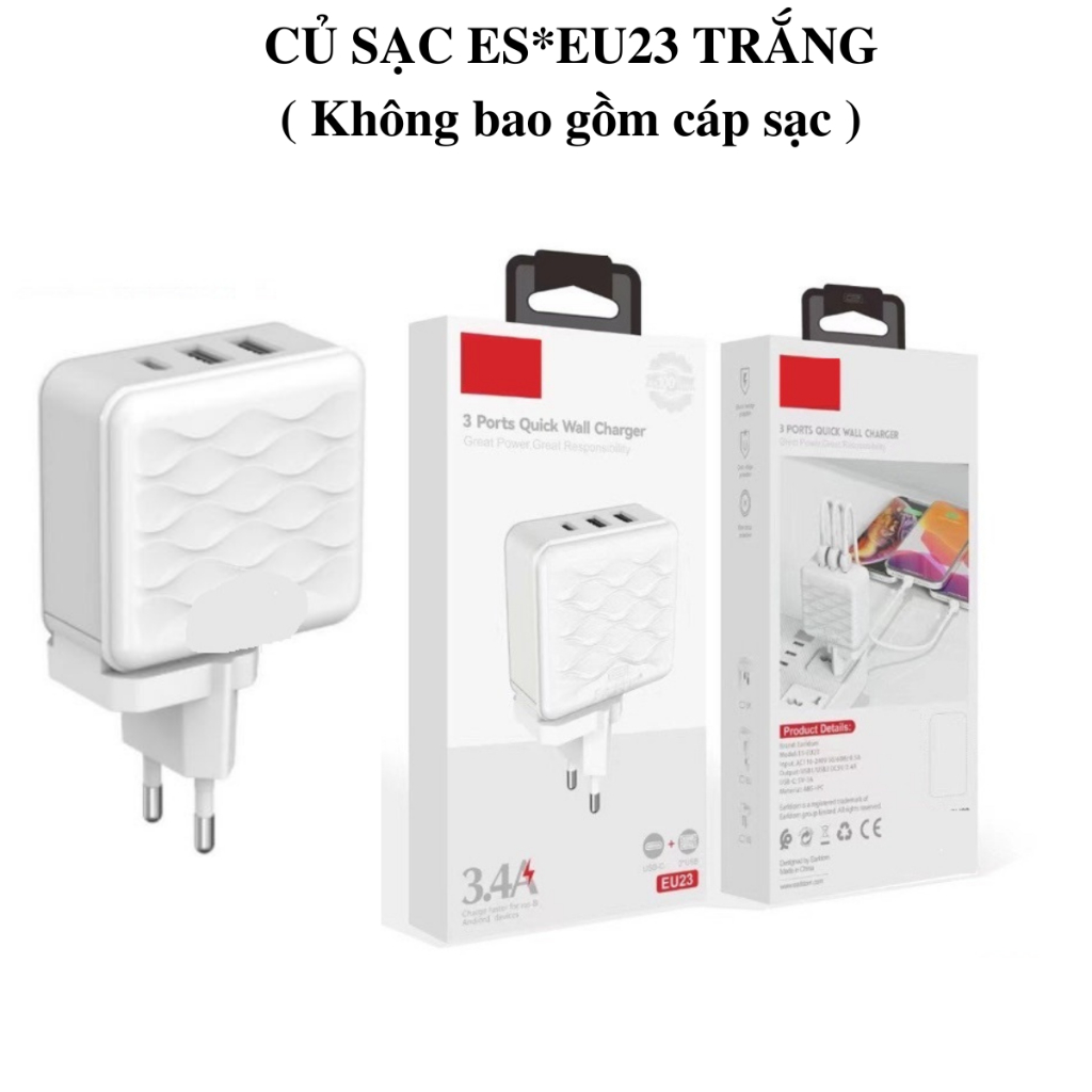 Củ sạc nhanh 3.4A 2 cổng USB và 1 Type C EU-23 , sạc đồng thời 3 thiết bị, công suất lên đến 18W, chống va đập, chống ch