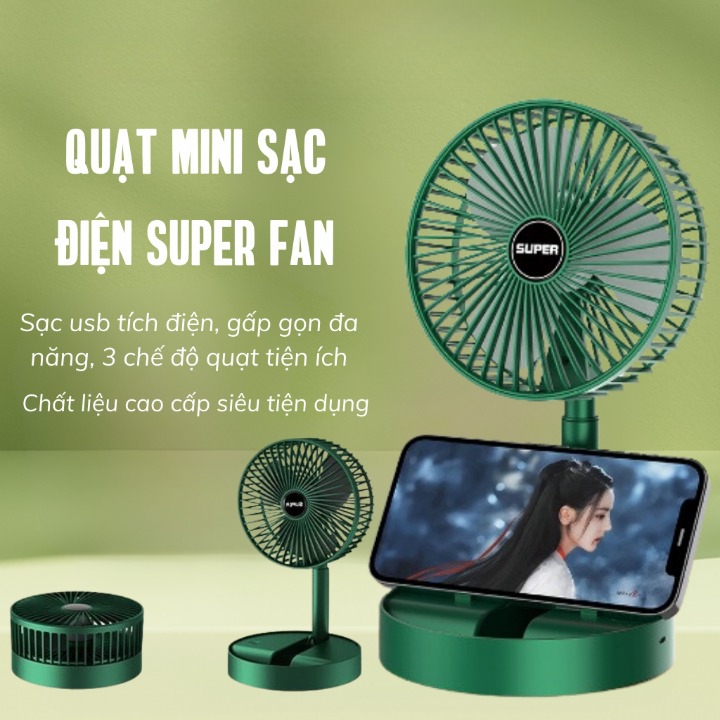 Quạt tích điện để bàn mini Super gấp gọn có thể kéo dài-cổng sạc usb tiện dụng - 3 tốc độ gió xoay 360 - BH3 Tháng | BigBuy360 - bigbuy360.vn