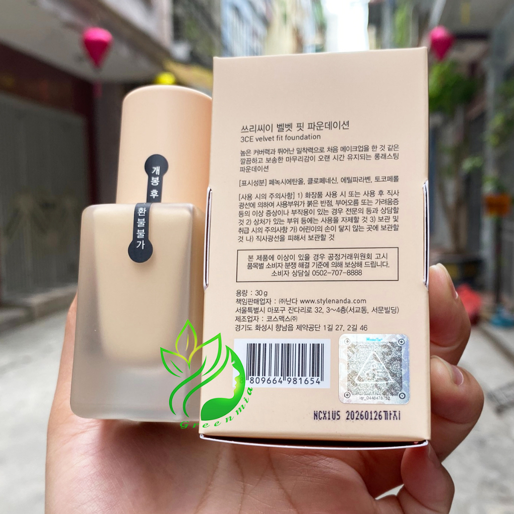 Kem Nền 3CE Velvet Fit Foundation Warm Ivory Trắng Ngà Tự Nhiên Tươi Sáng 30g Bền Lâu Trôi Kiềm Dầu Kháng Nước