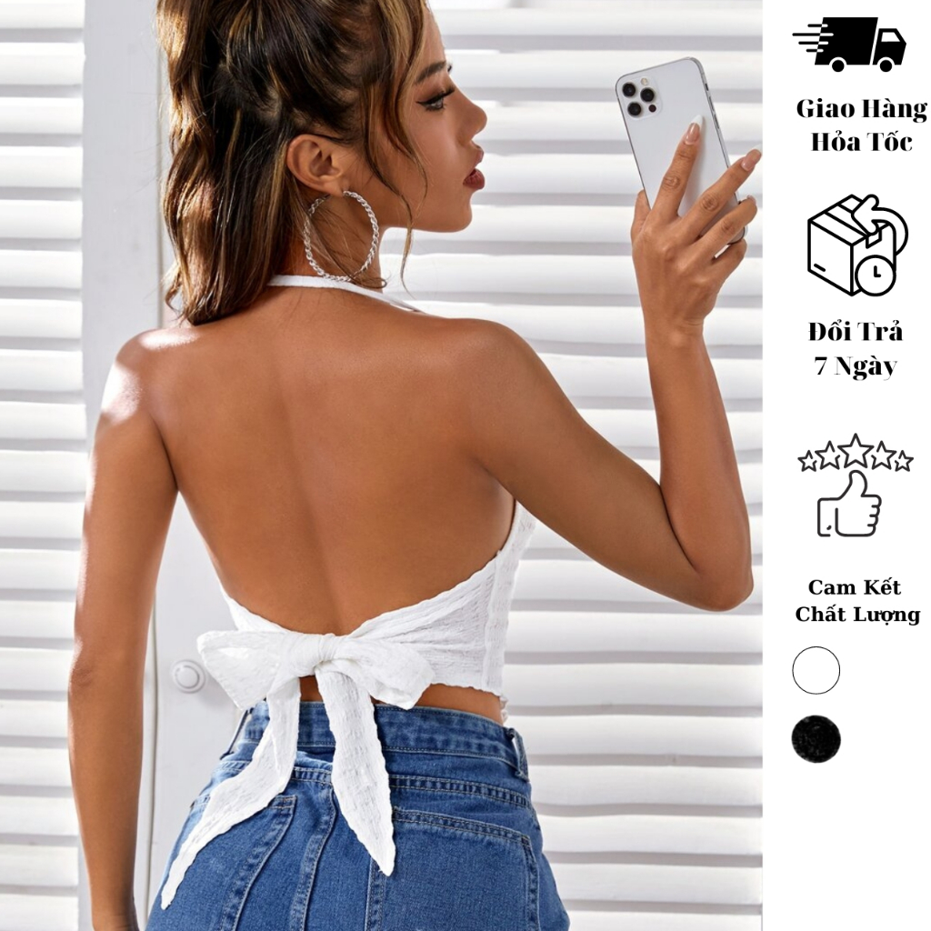 Áo croptop cột eo JUNE.SG Áo hai dây cột eo ôm body nữ Áo croptop thắt nơ D029