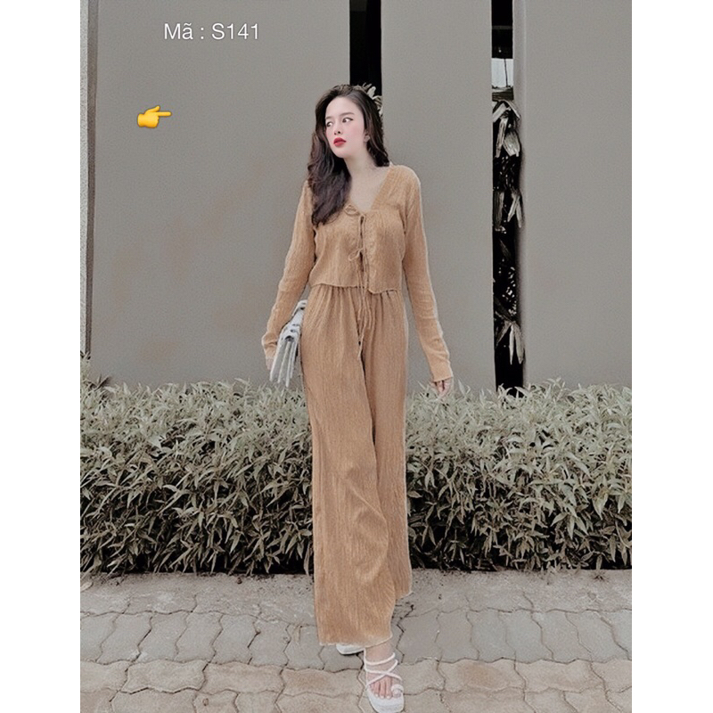 Set Bộ Đồ Thun Đũa Áo Tay Dài Thắt Nơ Quần Suông rộng cạp cao MaN