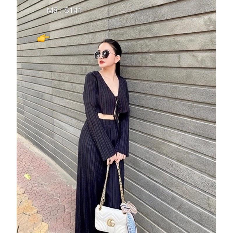 Set Bộ Đồ Thun Đũa Áo Tay Dài Thắt Nơ Quần Suông rộng cạp cao MaN